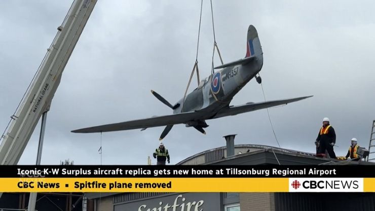 The replica of a Second World War Spitfire that's been perched on the rooftop since 1997 will makes its way to Tillsonburg where it will be part of a memorial garden at the Tillsonburg Regional Airport.