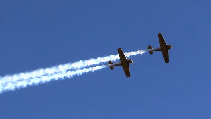 Canadian Harvard Aircraft fly over the dedication ceremony of the Byron Springbank Veterans Monument on Oct. 3, 2026 (Brent Lale/CTV News London)