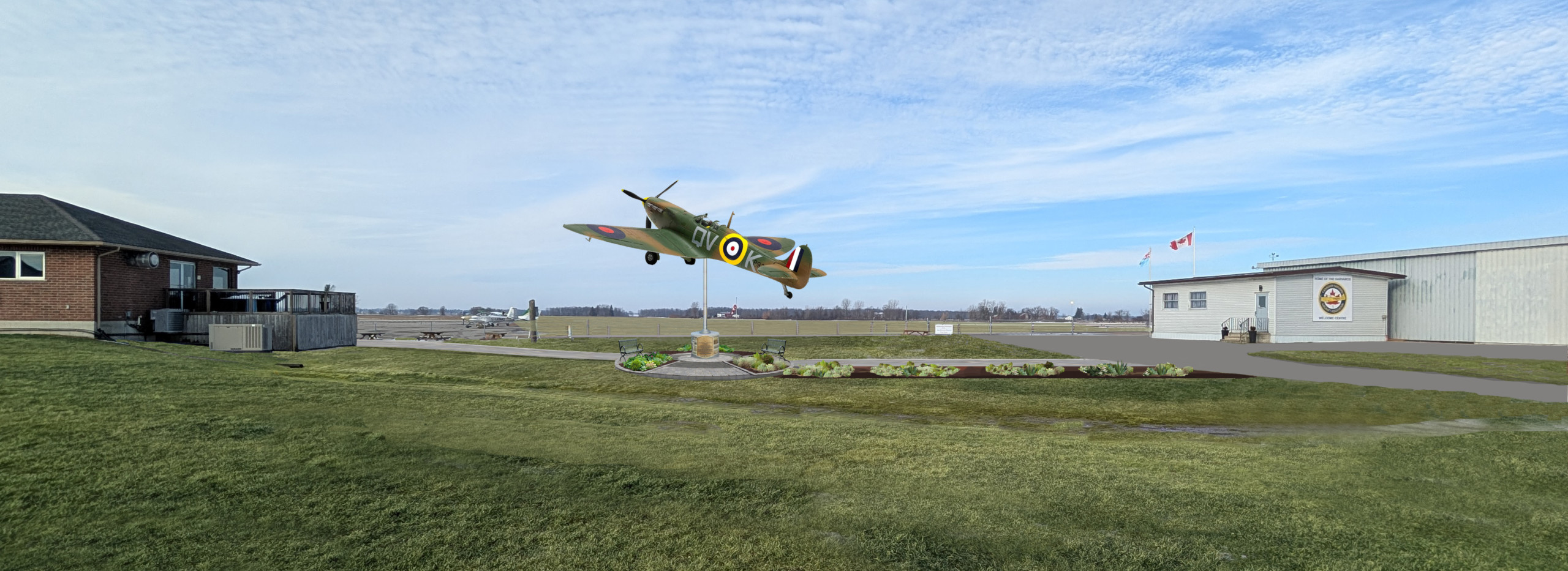 Rendering of the proposed Memorial Garden with the replica Second World War Spitfire at the Tillsonburg Regional Airport.