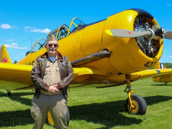 Mark Colman of Brantford, whose father was a Korean War veteran, took a flight on Saturday at the Tillsonburg Airport in a Harvard plane, the same aircraft in which his father earned his wings. Photo by Michelle Ruby /Michelle Ruby/The Expositor