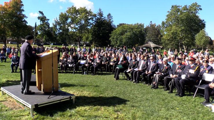 Big crowd at the unveiling ceremony of the Byron Springbank Veterans Monument on Oct. 3, 2026. (Brent Lale/CTV News London)