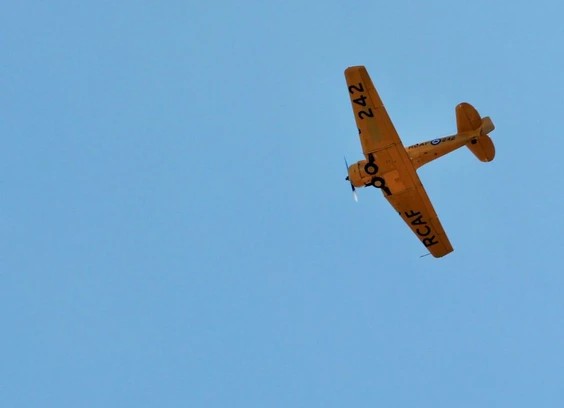 A North American Harvard takes to the sky on Sunday on the outskirts of Stratford. 
